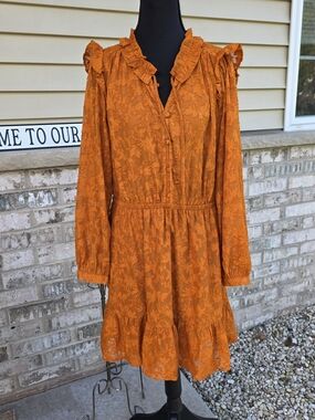 LC Lauren Conrad Orange Floral Long Sleeve Ruffle Dress
